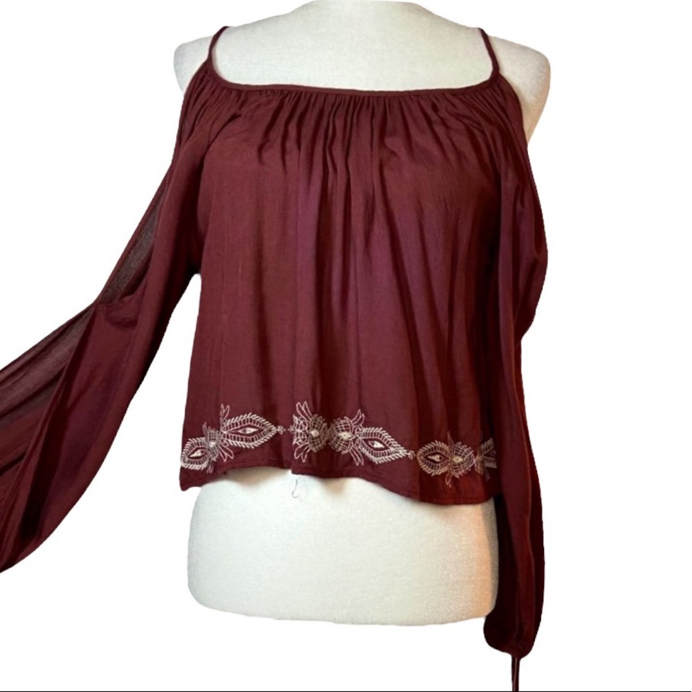 LA Hearts Split Sleeve Embroidered Crop Top Rust or Merlot Size Medium - Picture 2 of 10